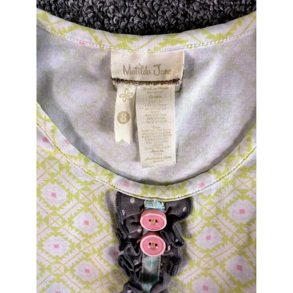 Matilda Jane A-Line Dress Kids 8 White Green Floral Pleated Cotton Round Neck
